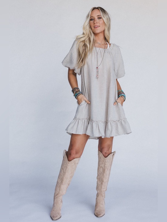 Three Bird Nest Dresses & Skirts - Three Bird Nest Solace Ruffled Hem Dress Beige Striped Puff Sleeve Boho Small